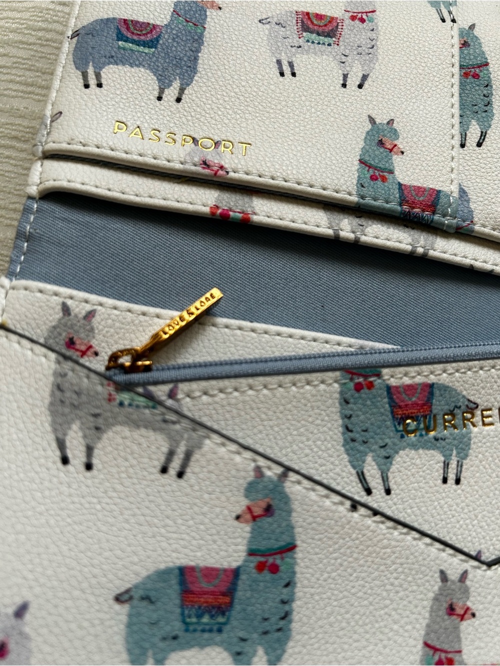 Love & Lore Travel documents fold over wallet White Llama Print - Picture 7 of 9